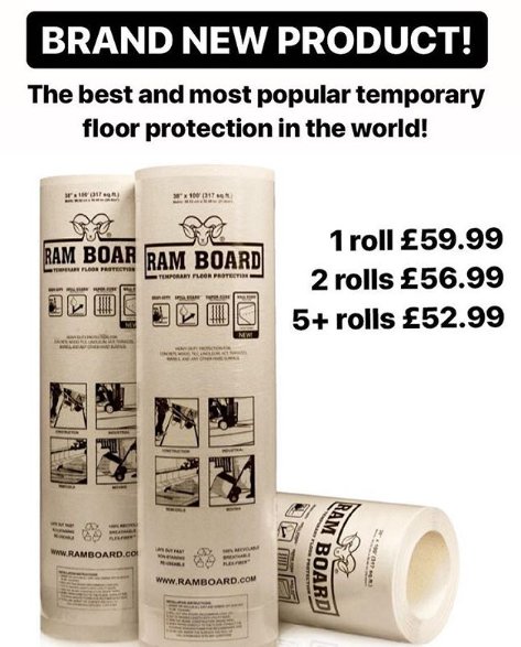 instagram.com/p/Bpzv5Kih6en/
NEW PRODUCT ALERT!! RAM board is the work leading floor protector! 
FREE NEXT DAY DELIVERY!! #plasteringuk #buildershardware #brickwork #bricklayer #building #builderslondon #buildersessex #builderskent #floorprotection #refurbishment #joinery #carpentry