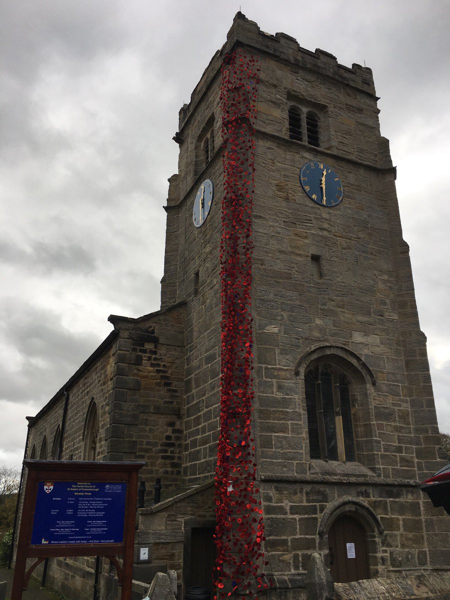 Poppies knitted by the community adorn St Robert’s church in Pannal commemorating 100 since the armistice was declared.