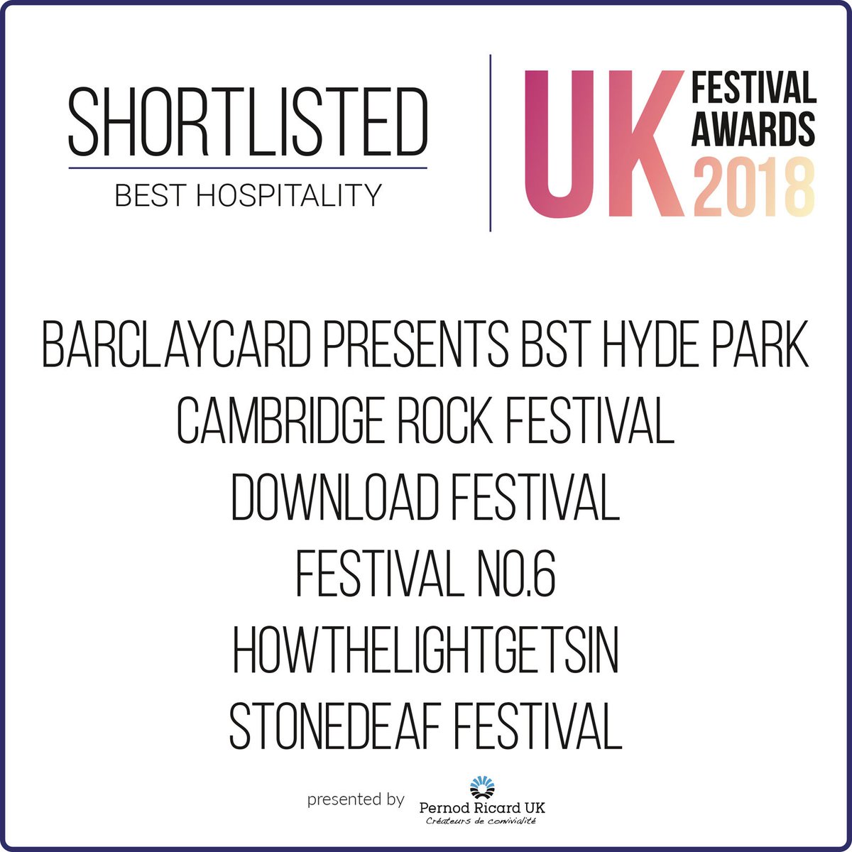 Up for Best Hospitality are: @BSTHydePark​, @CambsRockFest, @DownloadFest​, @festivalnumber6, @HTLGIFestival and @Stonedeaf_fest ! Read more here: bit.ly/2QqezvN