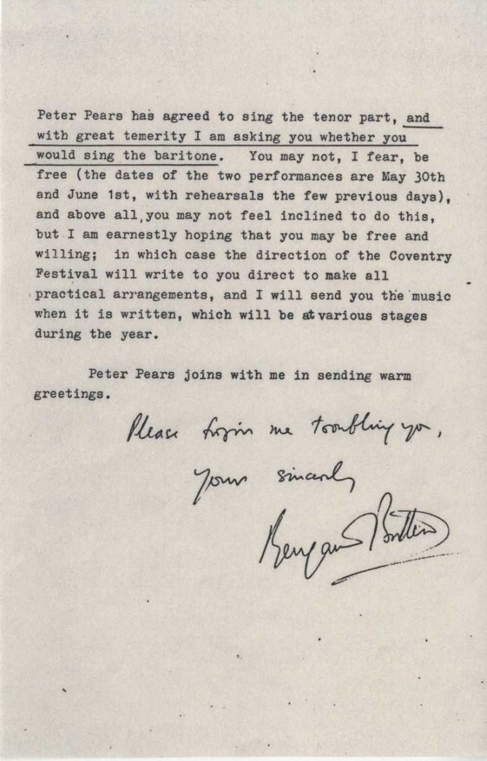 BrittenOfficial's tweet photo. Britten preferred to have voices in mind before composing and ensured his soloists were secured ahead of time. Britten wrote an apologetic letter to Fischer-Dieskau in 1961 “earnestly hoping” he would be “free and willing” to sing in the premiere of #WarRequiem. #Armistice100 https://t.co/eJcbU5LZ1W