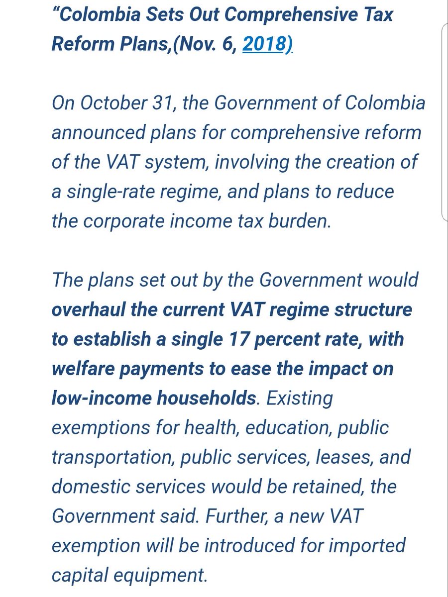 delaFeriaR's tweet photo. Uplifting news from #Colombia: VAT reform to establish a single rate, with welfare payments to low-income households. Changes "intended to make the tax system less regressive". Progressive message starting to trickle through. #VATRates
h/t @jeremydcape https://t.co/Op3SFhkxzC