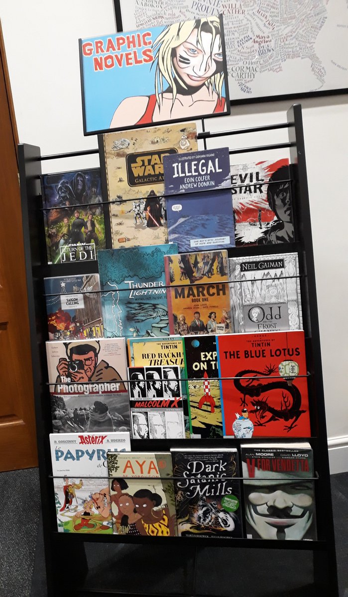 Here are our graphic novel #shelfies We are big fans of #ComicsInLibraries and 'The Walking Dead' series is super popular with our students.  Collection is ever expanding - 'Ann Franks Diary' recently added & looking forward to arrival of 'To Kill a Mockingbird' @metaphrog