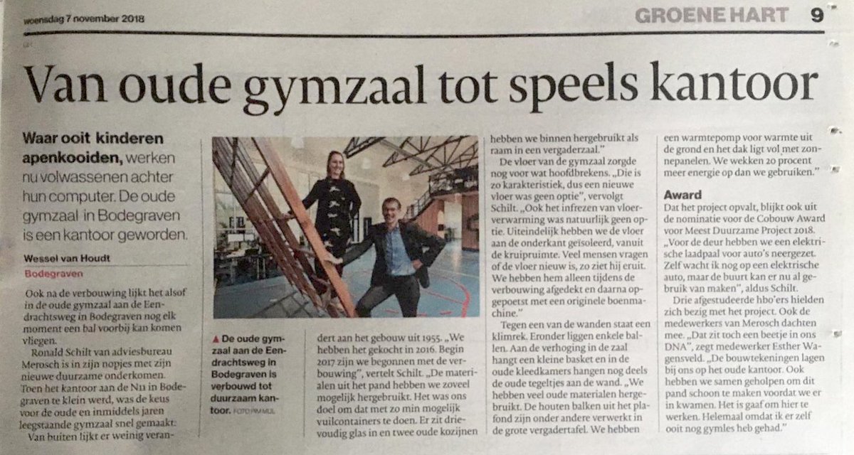 Merosch_LLab's tweet image. Het kantoor van Merosch in de krant. @AD_GroeneHart @Merosch_LLab #vangaslos #duurzaamkantoor #Bodegraven @gem_BR