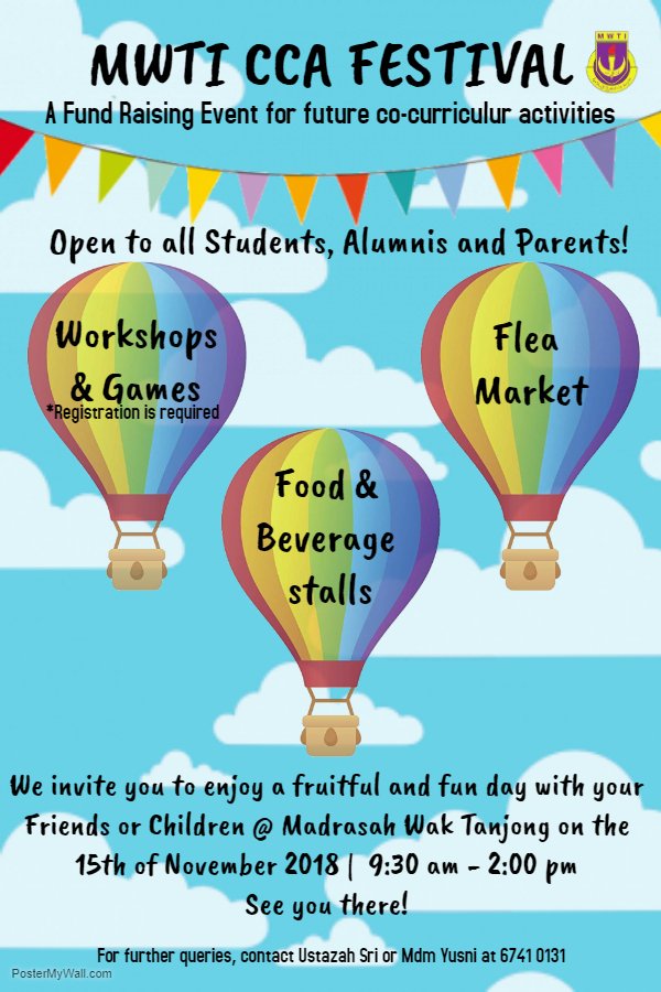 ITMAWAT's tweet photo. 🎊 MWTI CCA FESTIVAL 2018 🎊
📢Calling out to dearest alumnis💜
Do come down to MWTI on the 15th of Nov from 9:30am-2:00pm for our annual cca fund raising event! 🗓
This year, there will be a line of interesting workshops,mouth watering food and a flea market! 😍 see you there!👋 https://t.co/6YN00dEJB4