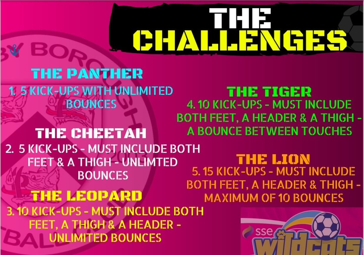 You will need to provide evidence of these challenges being met (video footage sent in to our page) and then bring your poster to your session to receive your stamp!

Once completed you will receive a prize and then move on to the Borough Kick up Challenge! Good Luck Girls!!(2/2)