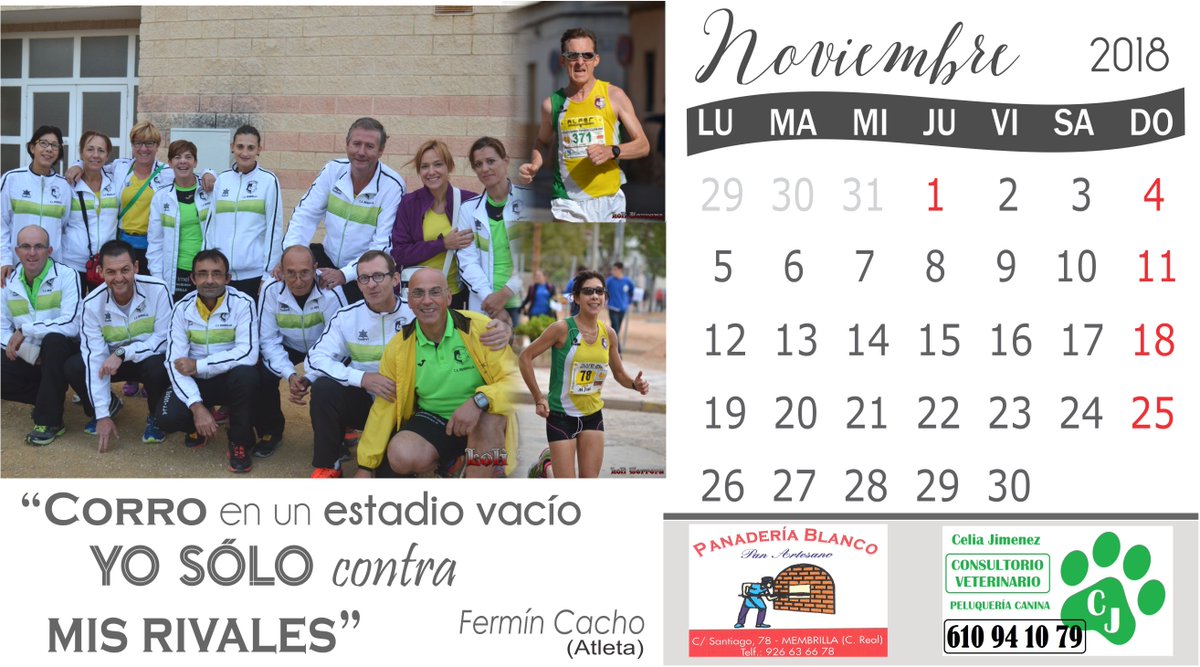 AMEMSASALUD's tweet photo. En Noviembre del #CalendarioSaludable el @camembrilla  nos recuerdan el esfuerzo y la superación personal en el deporte. "Corro en un estadio vacío. Yo solo contra mis rivales" (Fermín Cacho) Financiación: @DiputacionCR
Patrocina este mes:  @CJ_VETERINARIA #panaderiablanco https://t.co/gB7v9lxHF5