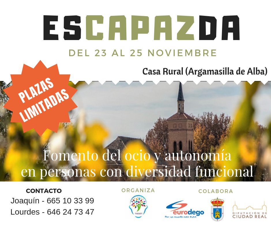 AMEMSASALUD's tweet photo. ¡Vente de #Escapazda! Del 23 al 25 de noviembre. 
Destinado a personas con diversidad funcional cognitiva. 
#Fomentodeautonomía #vidaindependiente #ocioinclusivo
Vamos a #Argamasilladealba Esta segunda salida se hace gracias a @eurodego ¡Mil gracias! Colabora: @DiputacionCR https://t.co/9XsfG5V6AO