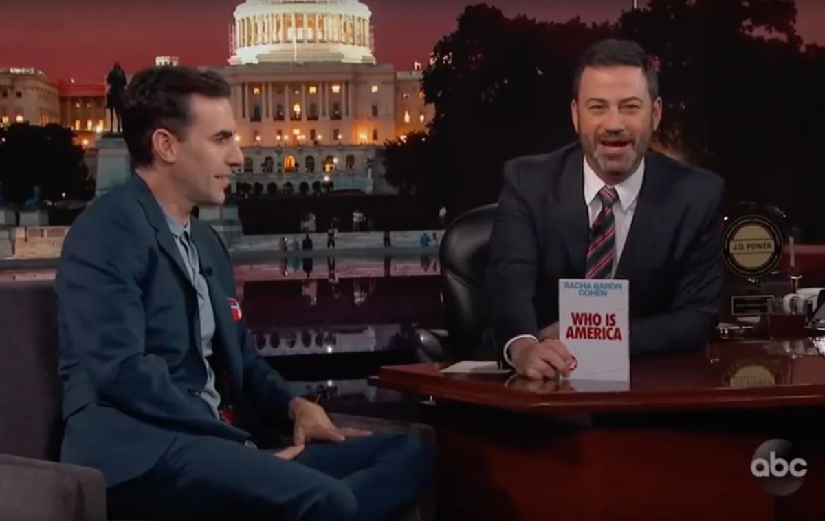 Tim_Allsop's tweet photo. @SachaBaronCohen on @jimmykimmel last night. Who Is America is out now to buy on DVD and on streaming in two weeks time. #WhoIsAmerica https://t.co/skCCzMWhfJ