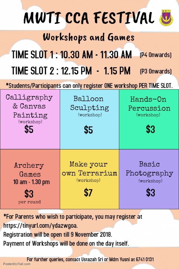 ITMAWAT's tweet photo. Ever thought of learning new skills?🏹 embrace your creativity? 🌱 Or maybe try out some of the cca that MWTI offers? 📸📹  This is your chance to do so! 
Time is precious so what are you waiting for? Register at the link on our bio to participate BEFORE THE 10TH NOVEMBER  🗓 https://t.co/PRVeU03o57