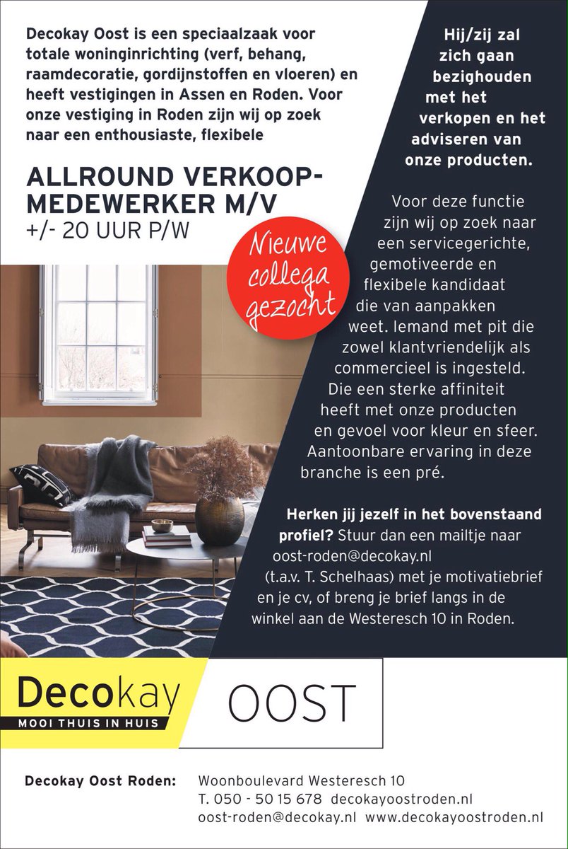 Wij zijn opzoek naar een nieuwe collega.
#vacature #decokay #collegagezocht #werkenbijdecokay #vacaturedrenthe #vacaturegroningen #interieuradvies #kleuradvies