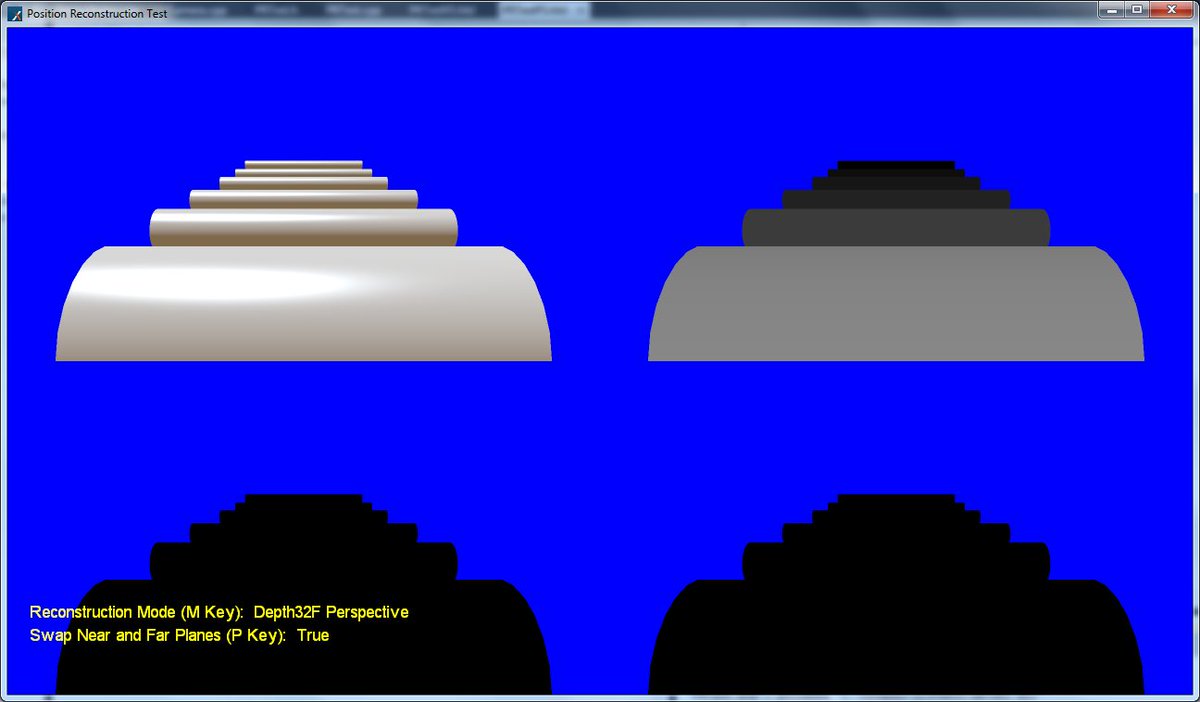 "Attack of the Depth Buffer"
mynameismjp.wordpress.com/2010/03/22/att…

good article about how good position reconstruction we can expect from various depth buffer formats.