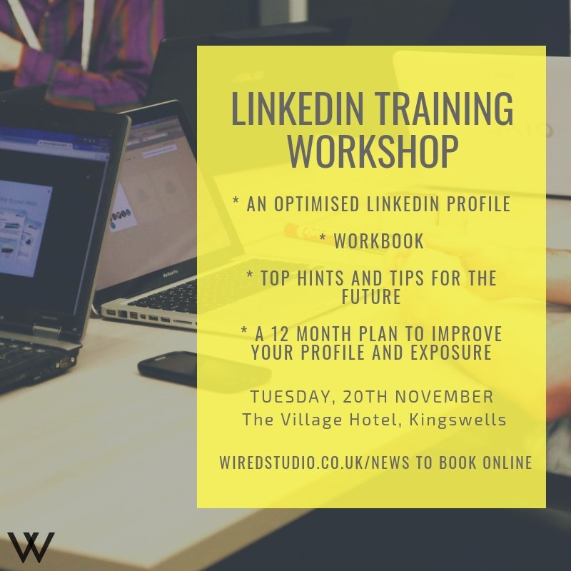 Less than 2 weeks to go until our LinkedIn Training hands-on workshop in the Village Hotel on Tuesday, 20 November. Spaces are limited due to the practical nature of the workshop and we are 60% full! Book online via ow.ly/IHs430mwNqH #WiredStudio #LinkedIntraining #Aberdeen
