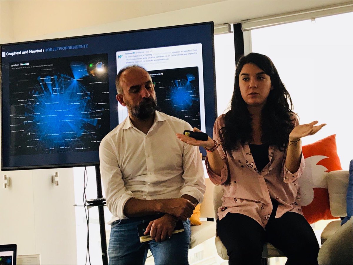 graphext's tweet photo. Thanks @TwitterMktgES for inviting us to participate in a panel discussion about #TwitterxContent. We talked about how @Newtral uses @graphext to analyze the key political opinions in Spain and visualize how different communities interact with one another during their TV shows :) https://t.co/lb6fp6Qdym