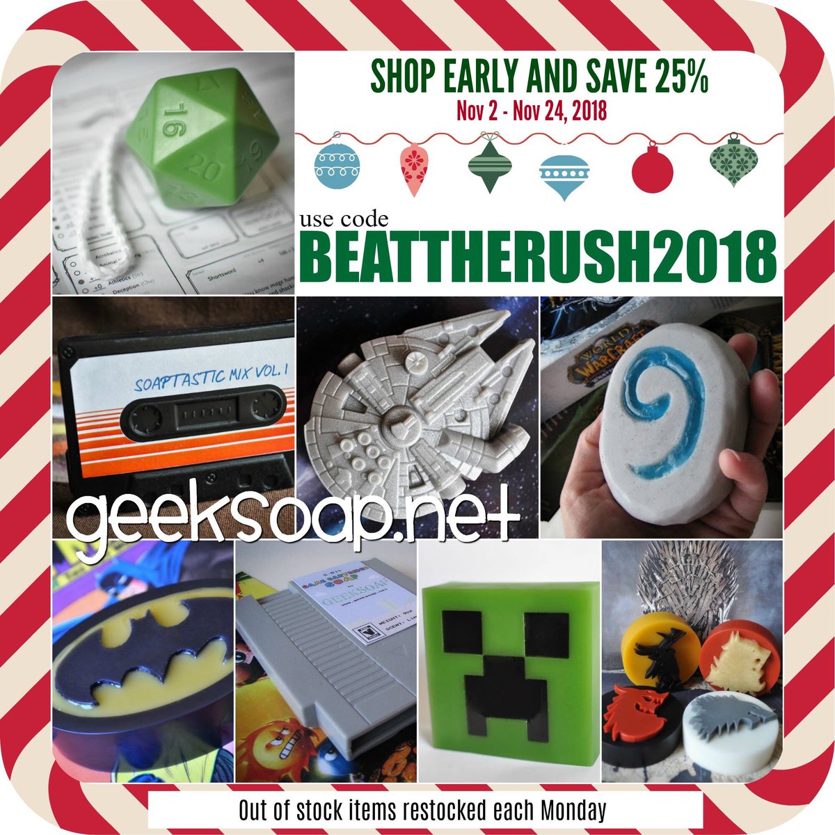 geeksoap's tweet image. Want to give the most geektastic gifts this season? Shop early &amp;amp; save 25% with BEATTHERUSH2018 instagram.com/p/Bprp-CjBq25/ #handmade #sale #geeksoap #shopsmall