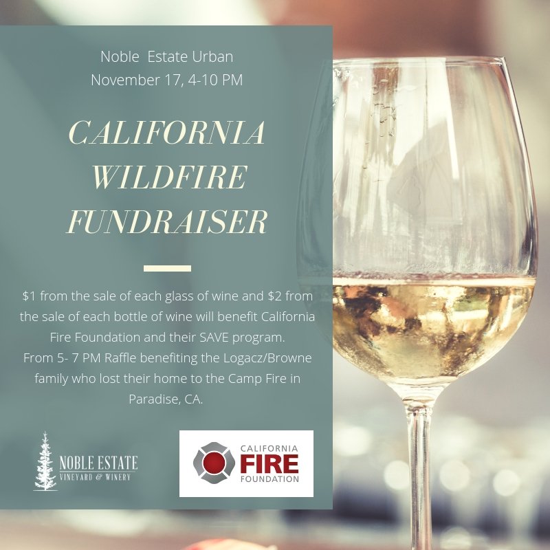 Noble Estate Winery (@nobleestate) on Twitter photo This Saturday, Noble Estate Urban is hosting a benefit for the <a href="/CAFireFound/">CA Fire Foundation</a> 's SAVE (Supplying Aid to Victims of Emergency) Program along with a raffle to directly benefit a family who lost their home to the Camp Fire. This Saturday, Noble Estate Urban is hosting a benefit for the <a href="/CAFireFound/">CA Fire Foundation</a> 's SAVE (Supplying Aid to Victims of Emergency) Program along with a raffle to directly benefit a family who lost their home to the Camp Fire.