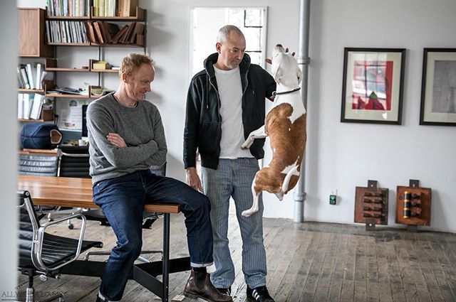 Atlas Industries co-owners Thomas Wright, left and Joseph Fratesi, right and Fratesi's dog Mr.Jones pose for the camera at Atlas Studios in Newburgh, NY on October 22, 2018. For Orange Magazine  #onassignmnet #atlas #atlasindustries #pitbull #newburgh #p… ift.tt/2B6C08h