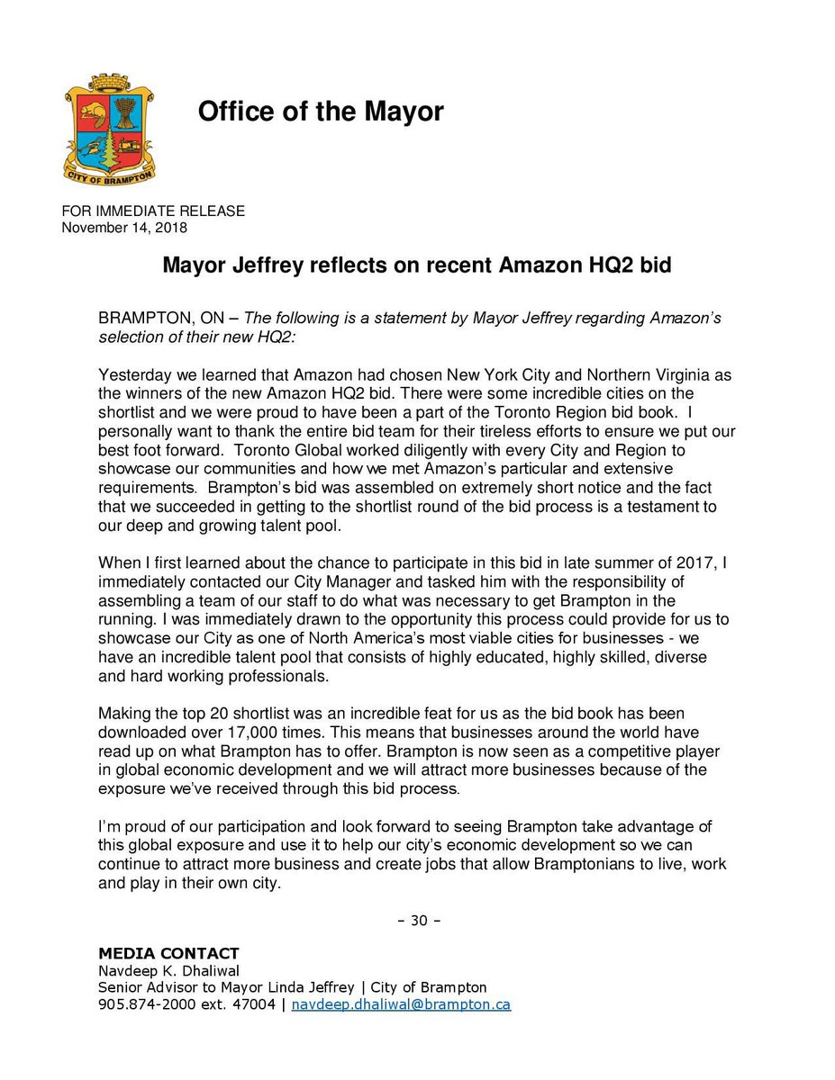 MayorBrampton's tweet image. My statement on the recent Amazon HQ2 bid: