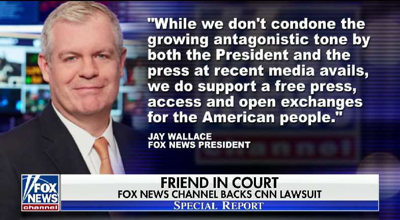 BretBaier's tweet image. Fox News President Jay Wallace statement on the CNN lawsuit against the Trump administration: #FoxNews