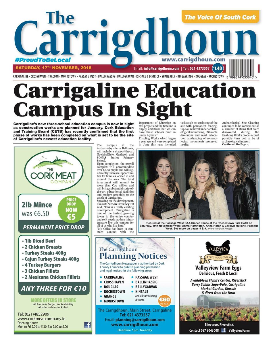 This week's edition of The Carrigdhoun is out now in shops &amp; online. Lots of local news &amp; events coverage including, Carrigaline UTD AFC Dinner Dance, Carrigaline GAA Presidents Awards, Passage West GAA Dinner Dance, Carrigaline Community School Awards &amp; more #TheVoiceOfSouthCork