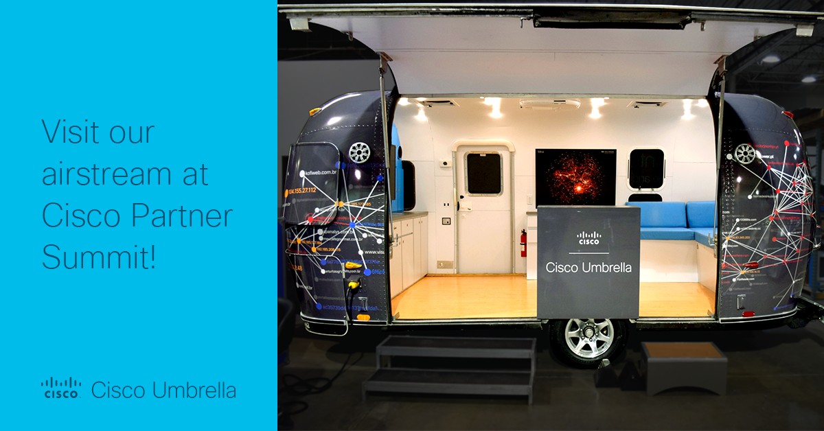 CiscoUmbrella's tweet photo. Visit our Airstream in the Partner Hub at #CPS18 to learn about the Cisco Umbrella Partner Proof of Value Program and the three launch announcements: SD-WAN integration, @Meraki MR integration and App Discovering &amp; Blocking. ☁️ https://t.co/9MXDHYfXV0 https://t.co/Y5iitfsXbk