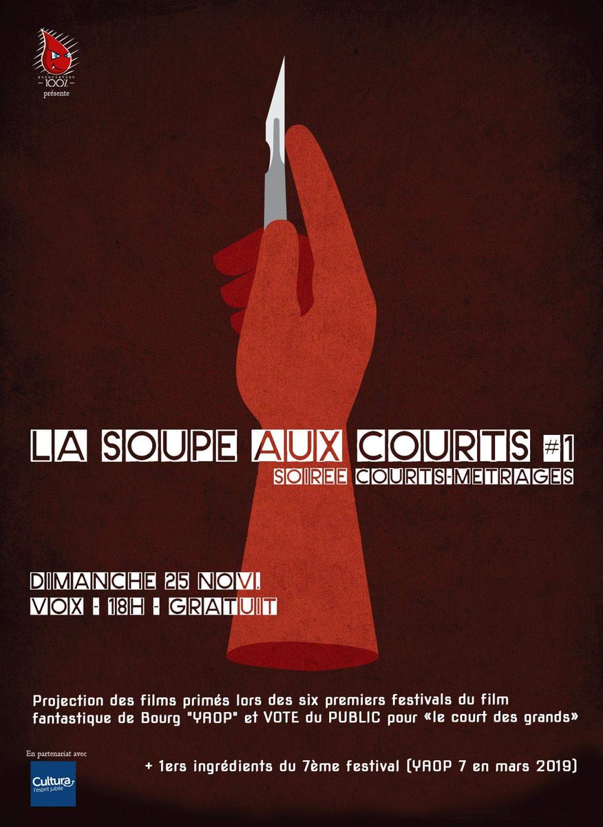 Asso100Bourg's tweet image. On vous donne rdv le dimanche 25 novembre au Vox à 18h pour une sélection des courts primés lors des différentes éditions du #YAOP. A vous d'élire "Ze best of the best" Venez nombreux, en plus l'entrée est gratuite 😁!