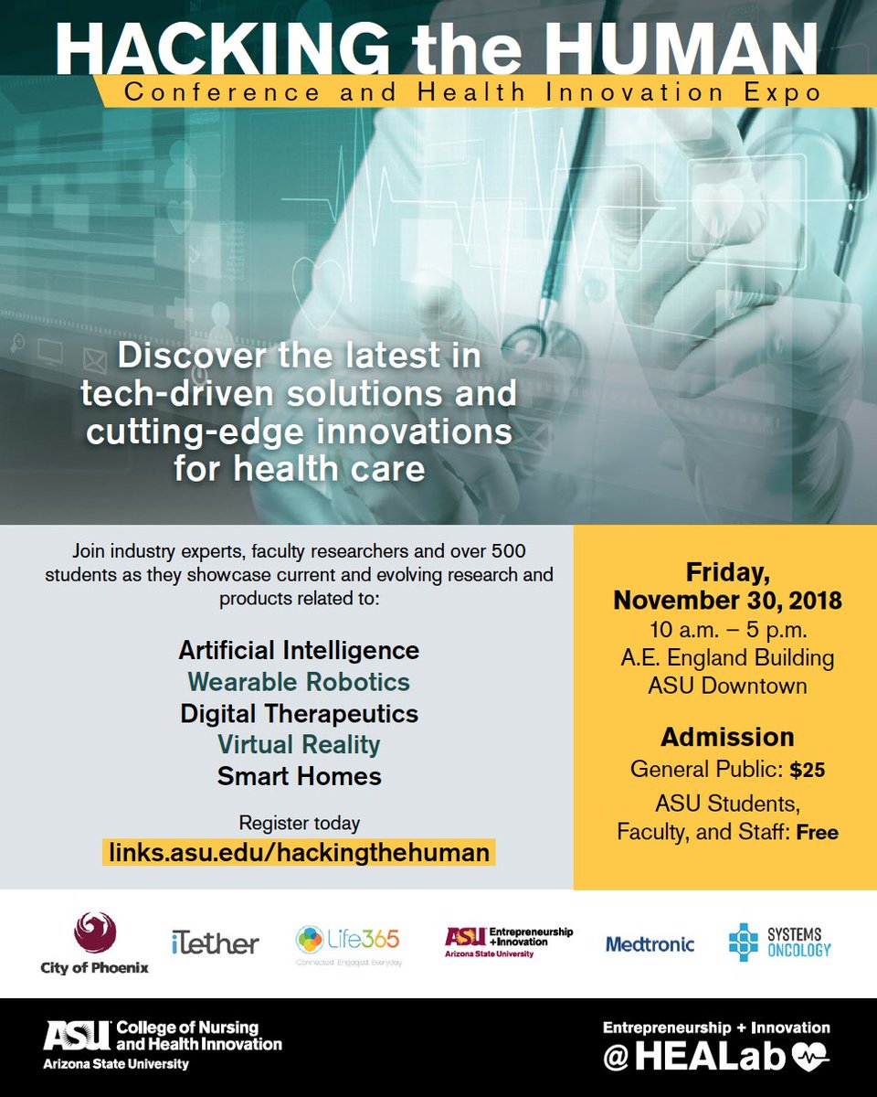 iTetherTech's tweet image. Learn how entrepreneurs in the Greater Phoenix area catalyze innovation to decrease costs and improve quality access to healthcare. Join iTether at @ASU #HackingTheHuman on November 30 hubs.ly/H0fwNpp0 #DigitalHealth #Innovation #VirtualCare