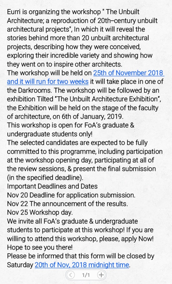 EurriOrg's tweet photo. The Unbuilt Architecture , Eurri's First workshop !!!
Registration is now open : 
https://t.co/O5FNNHXRAC
Please be informed that this form will be closed by Saturday 20th of Nov, 2018 midnight time https://t.co/xYHpWwyBt8