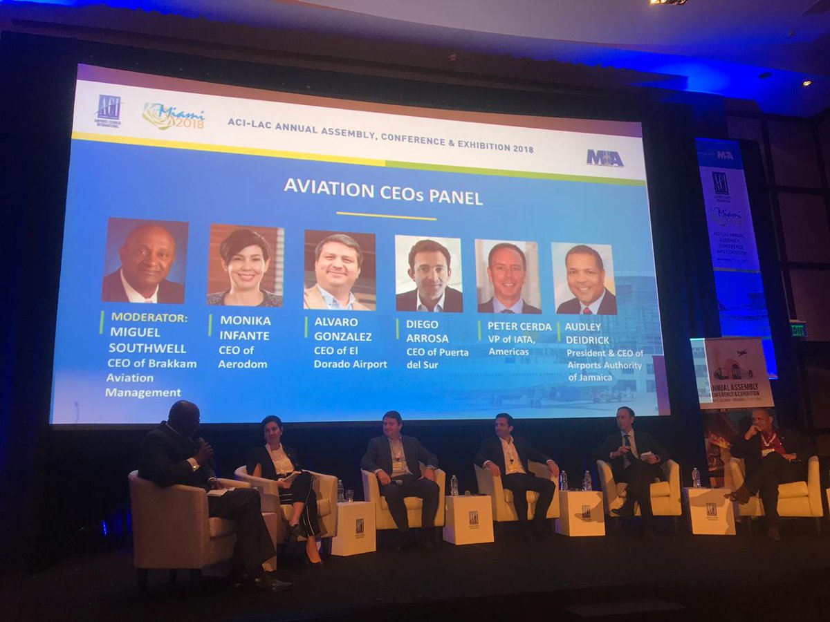 BOG_ELDORADO's tweet photo. Durante la Asamblea anual ACI-LAC 2018 (Miami), nuestro CEO del Aeropuerto El Dorado,  intervino ante más de 350 delegados aeroportuarios, con el objetivo de ampliar la red y las oportunidades de negocios entre los operadores de aeropuertos y las autoridades de aviación civil. https://t.co/6Q1tT2ujPm