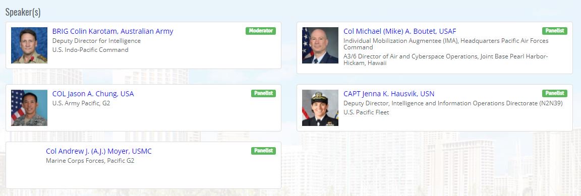 afceahawaii's tweet photo. Intel Panel: "Incorporating Cyber into Multi-Domain Operations"
9:45 - 11:15 AM
South Pacific Ballroom II-IV
BRIG Colin Karotam, Australian Army
Col Michael (Mike) A. Boutet, USAF
COL Jason A. Chung, USA
CAPT Jenna K. Hausvik, USN
Col Andrew J. (A.J.) Moyer, USMC
#TechNetHawaii https://t.co/uyXg8Nahf4