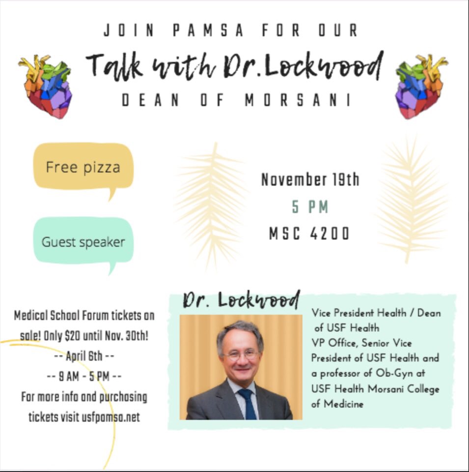 Join us in our conversation with Dr.Lockwood, Dean of Morsani Medical School next Monday at 5pm Msc 4200.