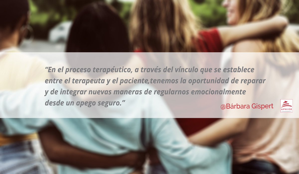 AphiceAsoc's tweet photo. "En el proceso terapéutico, a través del vínculo que se establece entre el terapeuta y el paciente, tenemos la oportunidad de reparar y de integrar nuevas maneras de regularnos emocionalmente desde un apego seguro." - Bárbara Gispert terapeuta socia de #Aphice https://t.co/ONPNU1NLE0