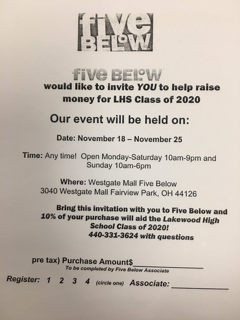 2020LHSClass's tweet image. FUNDRAISER @ Five Below ALL next week!! 10% of each purchase goes to the class of 2020!!! Pick up a flyer from the junior class advisors and bring it when you make your purchase!!!