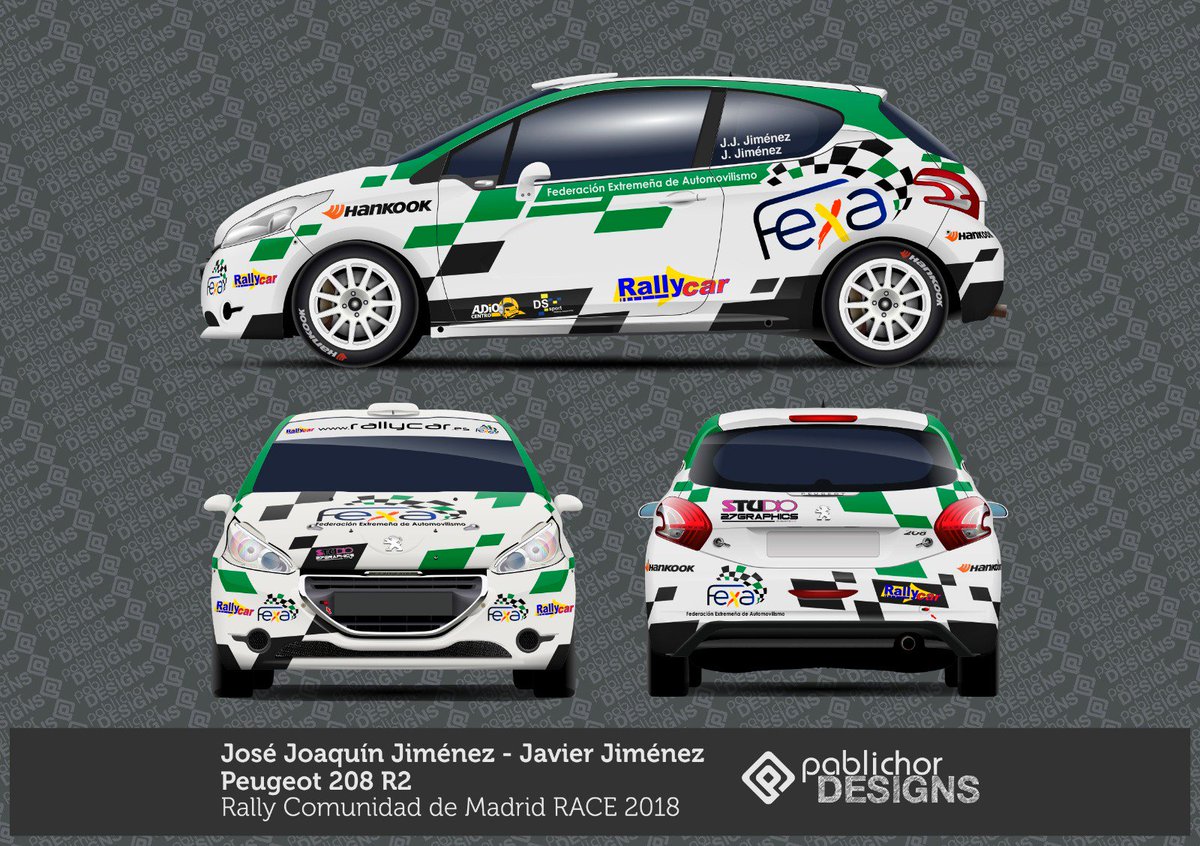 La imagen del Peugeot 208 R2 que los hermanos José Joaquín  y Javier Jiménez Campos lucirán en el Rally Comunidad de Madrid-RACE tras su victoria en la Challenge RallyCar-FEXA 2018. Gracias a RALLYCAR Hankook España , Audio Centro, DS Sport, Studio 27 Graphics y FEXA.
#Suerte