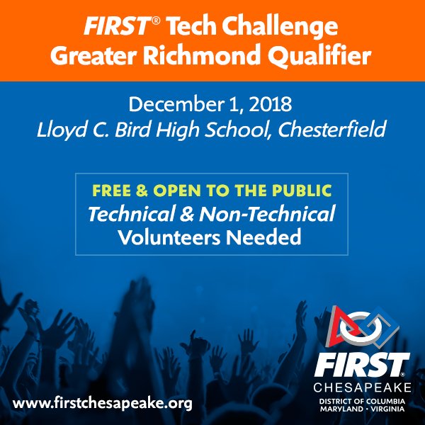 Raise your hand and volunteer for a FIRST Chesapeake event near you. How about Richmond on Dec 1st? Go here to see the volunteer flyer and to apply: ow.ly/wl2r30mzVJ3 #firstchesapeake #volunteer #FuelTheMission #roverruckus
