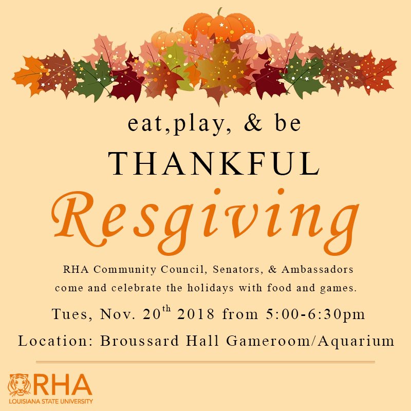 LSURHA's tweet image. RHA CC, Senators, &amp;amp; Ambassadors!! Come enjoy an evening filled with fun games and delicious food!🦃Your CC will have a link where you can RSVP.