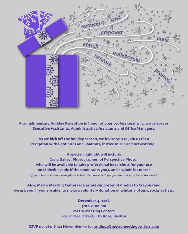 IAAPBoston's tweet image. IAAP members and friends are cordially invited by Metro Meeting Centers to a Holiday Reception on December 4, 2018 from 5-8PM. RSVP directly to Maureen at the email address on the invitation. Email IAAP Greater Boston Branch lizblack1011@gmail.com so we can coordinate to meet up.