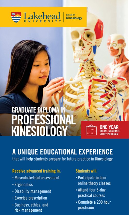 LakeheadUKIN's tweet photo. Looking to upgrade skills? Looking to gain more hands on experience? Check out the Graduate Diploma in Professional Kinesiology, an online 1-yr program! https://t.co/e95nHgexM3 @CdnKinesiology @ONKinesiology #ThisIsKin #WithAKinYouCan #kinesiology @mylakehead #LakeheadUKin https://t.co/JGAxYbH1XC