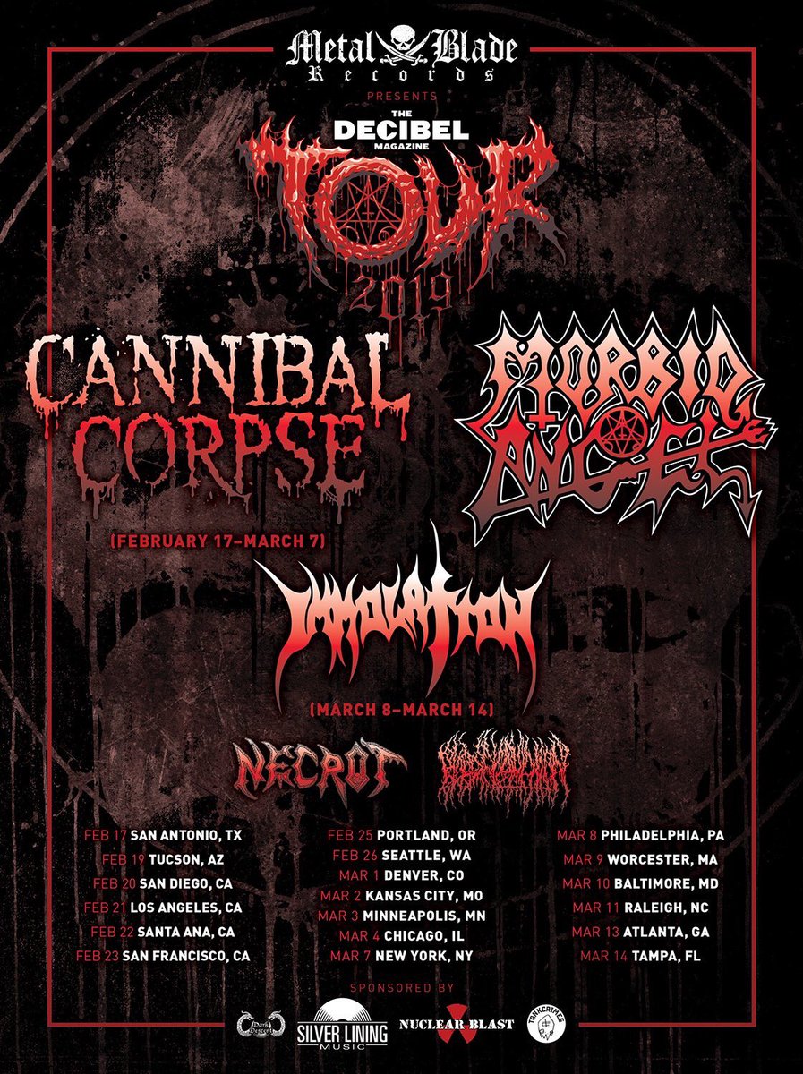 The Decibel Magazine Tour 2019 lineup will include co-headliners <a href="/CorpseOfficial/">Cannibal Corpse</a> &amp; #MorbidAngel with support from <a href="/Immolation/">Immolation</a> (select dates), #Necrot &amp; #BloodIncantation!

Tickets on sale 10am local time this Friday! decibelmagazine.com/2018/11/14/dec #dBtour