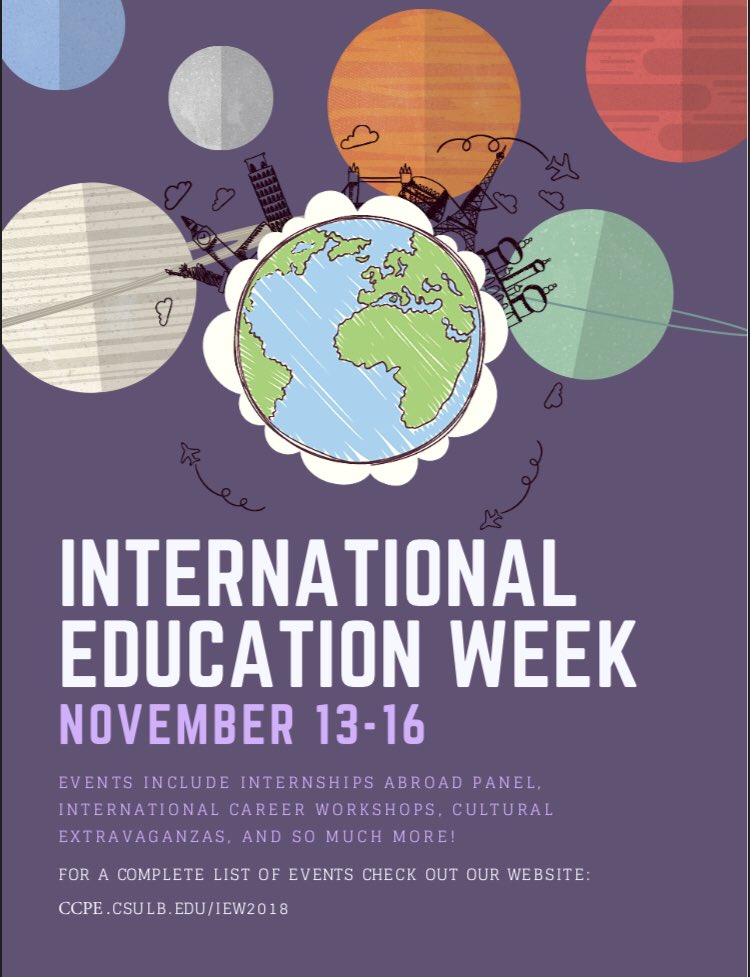 csulb_ia's tweet image. Don’t forget to check out International Education Week on Campus this week! There will be food, games and prizes! Go to ccpe.csulb.edu/iew2018 for more information!

#gobeach #highered #international