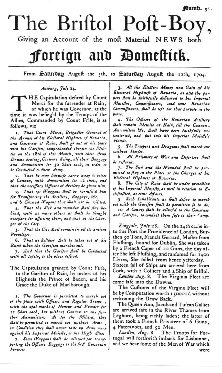 Founded in 1702 'The Bristol Post boy' was #Bristol's first newspaper. This is the 91st issue, which was published in August 1704 and it is the oldest surviving copy of a provincial newspaper in the UK. #BristolFacts