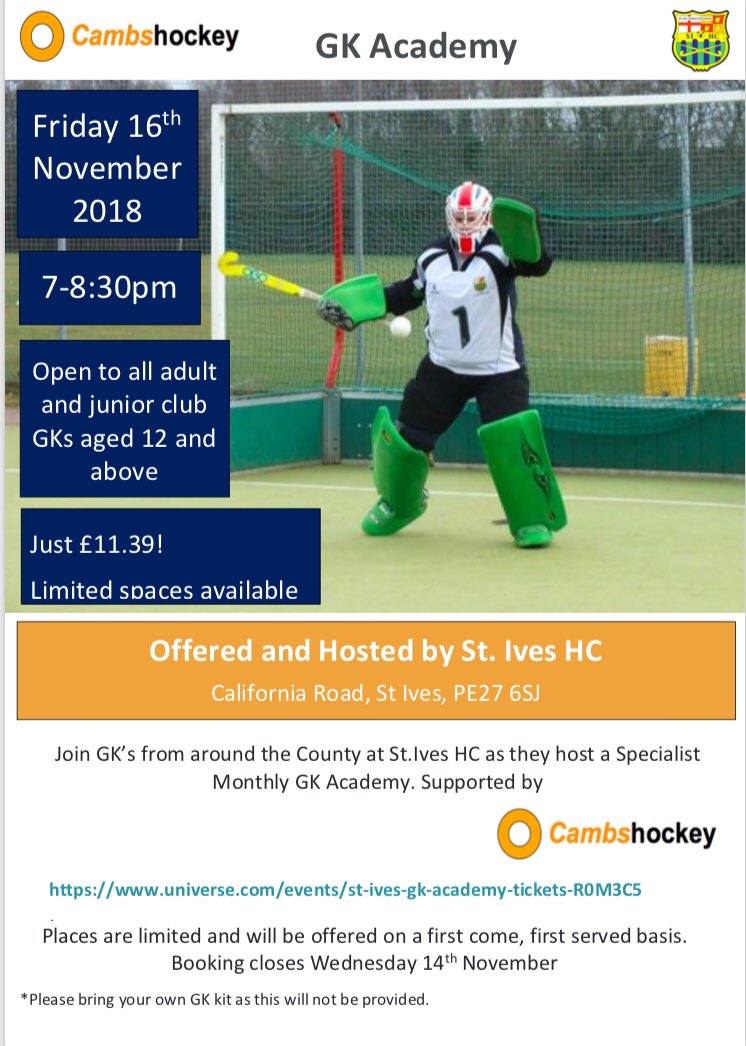stiveshc's tweet photo. GOALKEEPER ACADEMY THIS FRIDAY 16th!!
You can still book places until Thursday 15th at 8pm!!
@HuntsHockey @cambsouthhc @CambridgeNomads @cchcuk @StNeotsHockey @CoPHC @ElyHockeyClub spread the word! https://t.co/b7hhGLe3M4