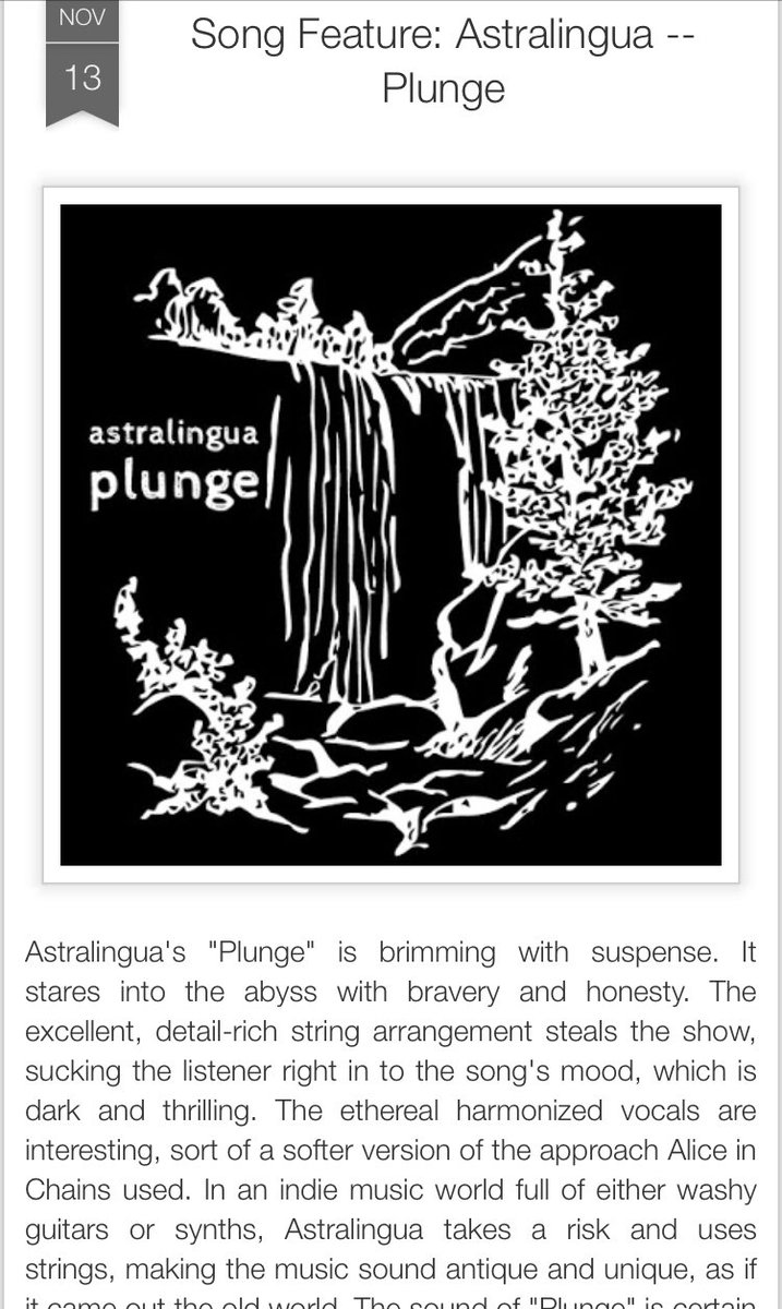 Still stoked on this review of “Plunge” by <a href="/firesquidblog/">Firesquid</a>, wanted to share again.  

#SpaceFolk #indiemusic #strings #NewMusicAlert #radio #nowplaying 

firesquid.blogspot.com/2018/11/song-f…