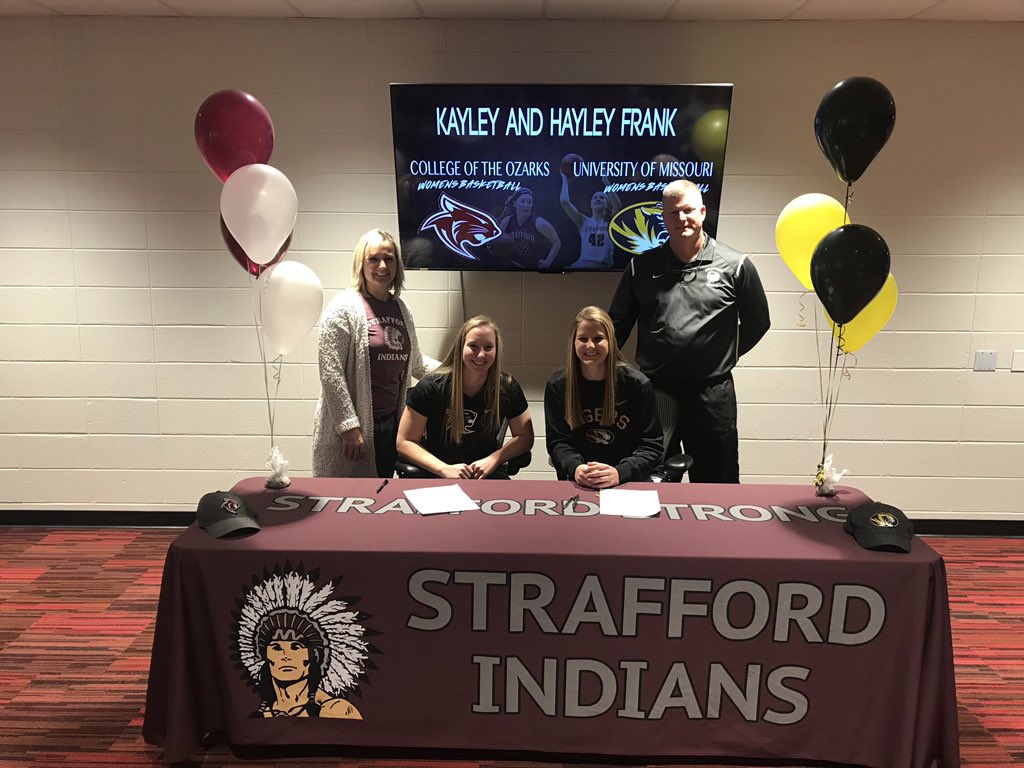 BBough's tweet photo. Congrats to Hayley Frank on signing her LOI to @MizzouWBB and Kayley Frank on signing her LOI to @CofOLadyCats 
Thank you to @OzarksOzone and @kolr10kozl and @SouthCenMoSport on covering their exciting journey!
@straffordhs https://t.co/YHD8fRA0NG