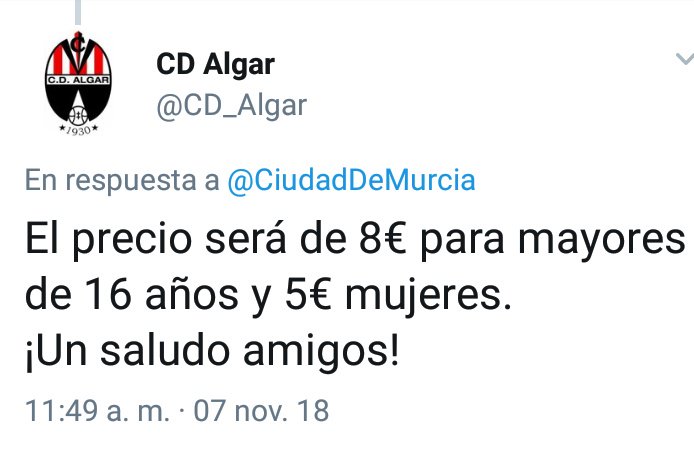 CiudadDeMurcia's tweet photo. /ENTRADA MUJER/

Desde el @CiudadDeMurcia volvemos a manifestar el malestar de nuestras aficionadas, directivas y club con las entradas para ellas y ellos.

Las hombres y mujeres somos iguales, las aficionadas y aficionados también.

Por lo tanto; debemos recibir el mismo trato. https://t.co/EQE2NKsXPx