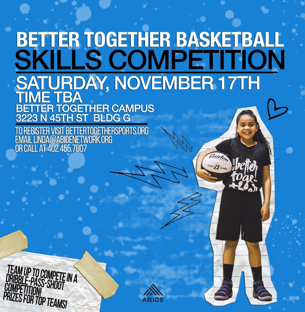 AbideOmaha's tweet photo. Team up and compete in our
Better Together Skills Competition! Where you Dribble, Pass and Shoot your way to victory.
REGISTER TODAY
Limited spots
Only $20/team
1 Team = 1 adult + 1 child
#WeAbide
#GameChanger
#BetterTogether
#LifeLifting https://t.co/B5b8phxQRl
