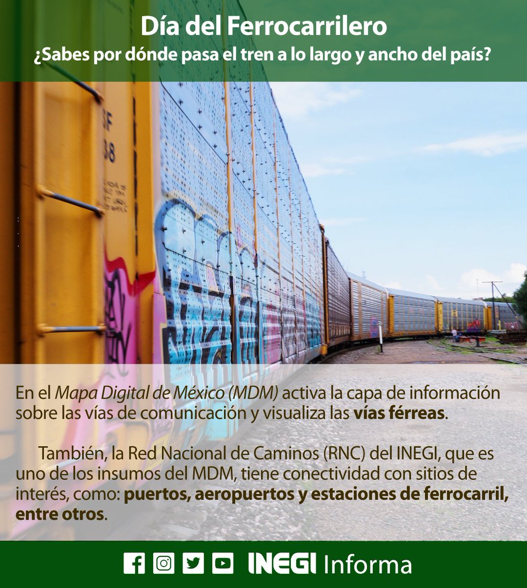INEGI_INFORMA's tweet image. Desde 1944, cada 7 de noviembre se festeja el #DíaDelFerrocarrilero. Para saber dónde hay vías y estaciones de ferrocarril en el país, consulta el #MapaDigital de #México del #INEGI ow.ly/sIHI30mxcWZ