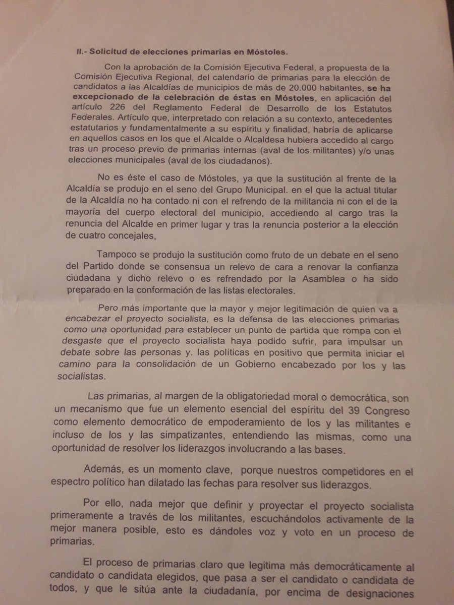 PMostoles2018's tweet photo. Viendo como está el @PSMostoles y lo que está pasando en el @AytoMostoles, más de uno se preguntará si no ha sido un error impedir unas primarias en #Móstoles.  Algunos militantes remitieron al  @psoe_m  este documento, del que parece ser todavía se esta esperando respuesta. https://t.co/jjZifLM0VW