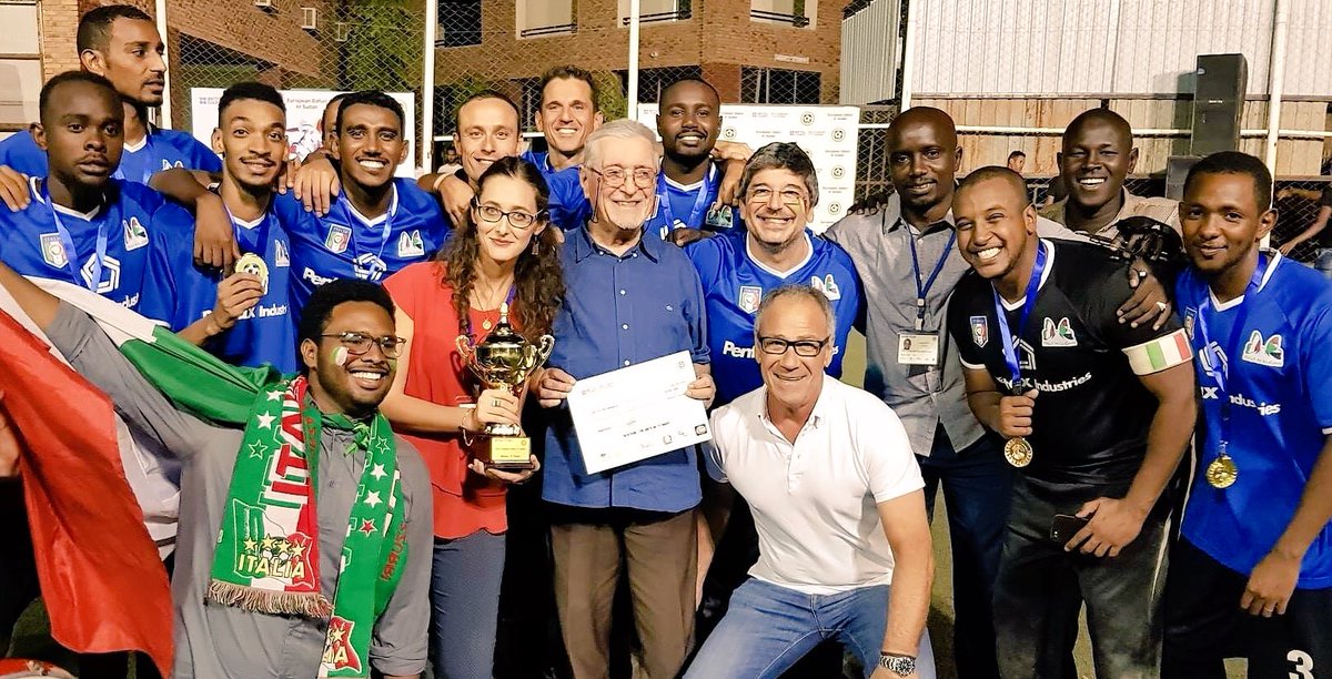 ItalyInSudan's tweet photo. #Italy won the 1st European #Dafuri Football Tournament โฝ๏ธin #Sudan. Proud to have worked w/ #international community in #Khartoum to foster #friendship, #dialogue and #tolerance through sport! Winner prize devolved to #charity for vulnerable students ar #ComboniCollege. ๐ฎ๐น๐ธ๐ฉ https://t.co/b3rQmRle8F