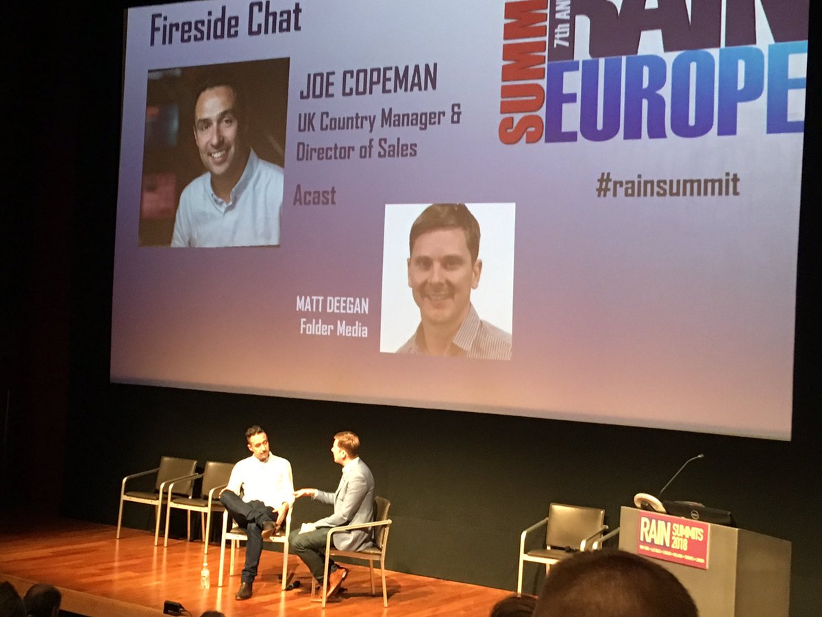 fable_gazers's tweet photo. “You have to have the right idea, a reason to exist, a story to tell.” - ‘Fireside chat’ with @joecopeman from @acast & @mattdeegan #foldermedia #rainsummit https://t.co/RGBBZCav8n
