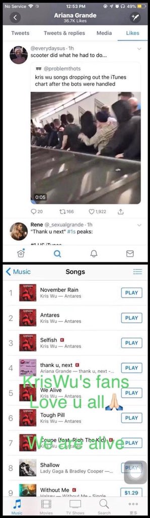 GuardiansForKW's tweet photo. #KrisWu #ArianaGrande Thanks for your explanation @scooterbraun. As you say, KrisWu'HAS NEVER BEEN REMOVED FROM THE CHARTS ON iTunes.'But @ArianaGrande 's LIKE really hurts us a lot. Hope you can finish what I try to express in my pics.@iTunes PLZ give KrisWu's chart back! https://t.co/7xf8hkzvq4